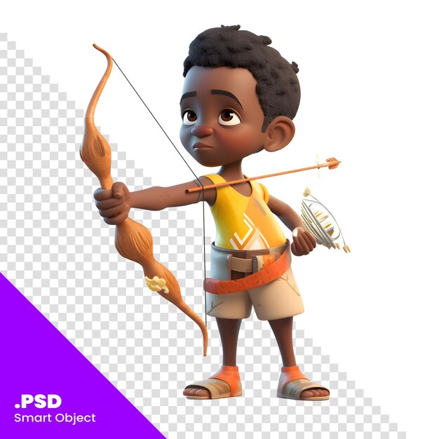 Renderización 3d de un niño afroamericano con arco y flecha plantilla psd