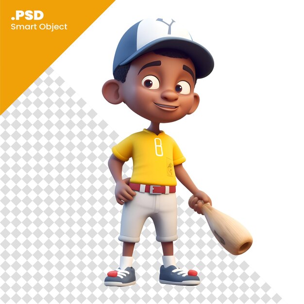 PSD renderización 3d de un niño afroamericano con bate de béisbol y gorra plantilla psd