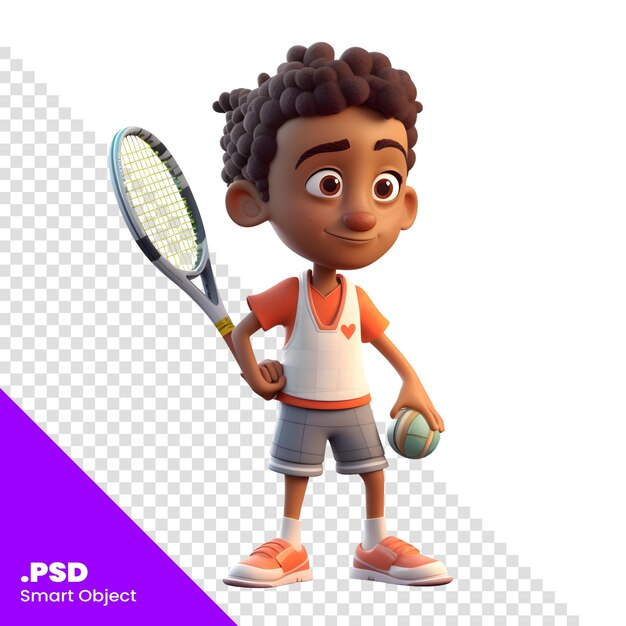 PSD renderización 3d de un niño afroamericano con raqueta de tenis y pelota plantilla psd