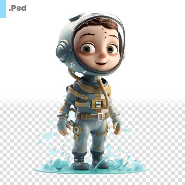 PSD renderización 3d de un niño astronauta en fondo blanco con plantilla psd de ruta de recorte