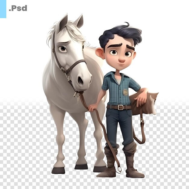 PSD renderización 3d de un niño y un caballo blanco aislados en una plantilla psd de fondo blanco