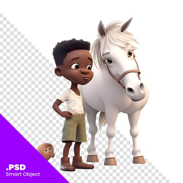 PSD renderización 3d de un niño negro y un caballo blanco aislados en una plantilla psd de fondo blanco