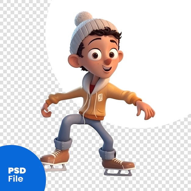 PSD renderización 3d de un niño de patinaje sobre hielo aislado en un fondo blanco plantilla psd