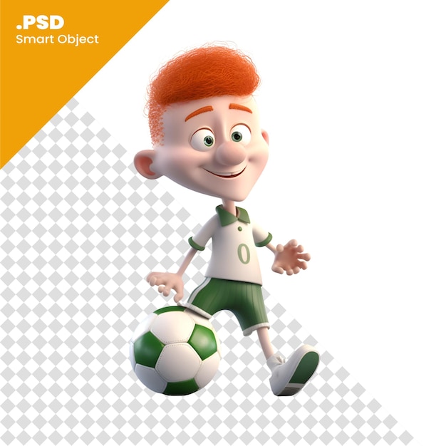 PSD renderización 3d de un niño pelirrojo con una plantilla de psd de una pelota de fútbol