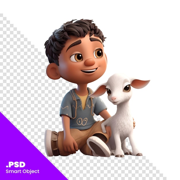 PSD renderización 3d de un niño pequeño con una cabra aislada en una plantilla psd de fondo blanco