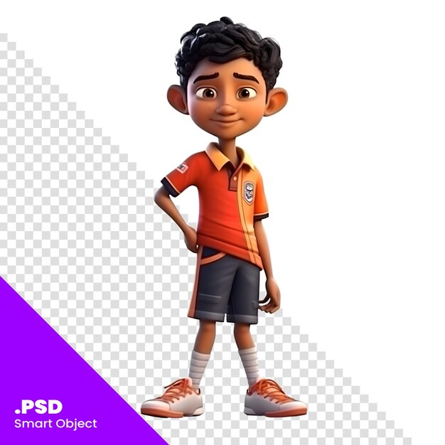 PSD renderización 3d de un niño pequeño con camiseta de fútbol y pantalones cortos plantilla psd
