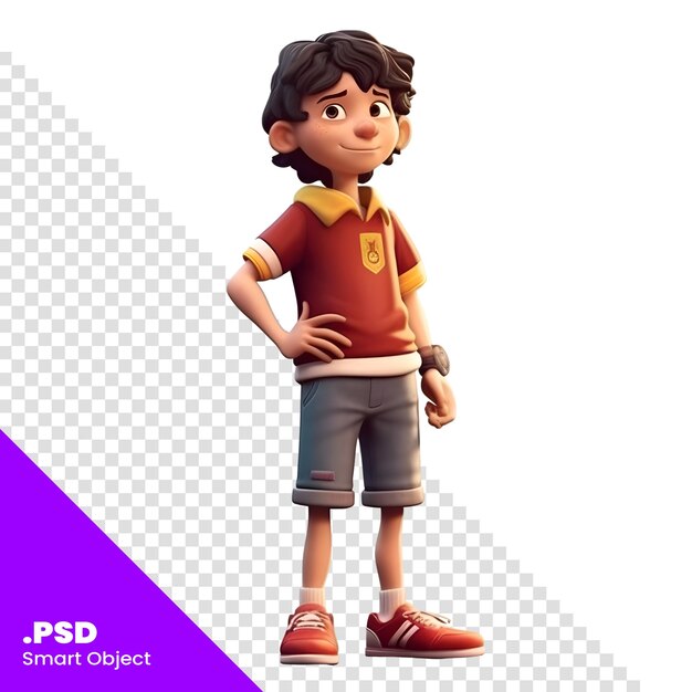 PSD renderización 3d de un niño pequeño con una camiseta y pantalones cortos plantilla psd