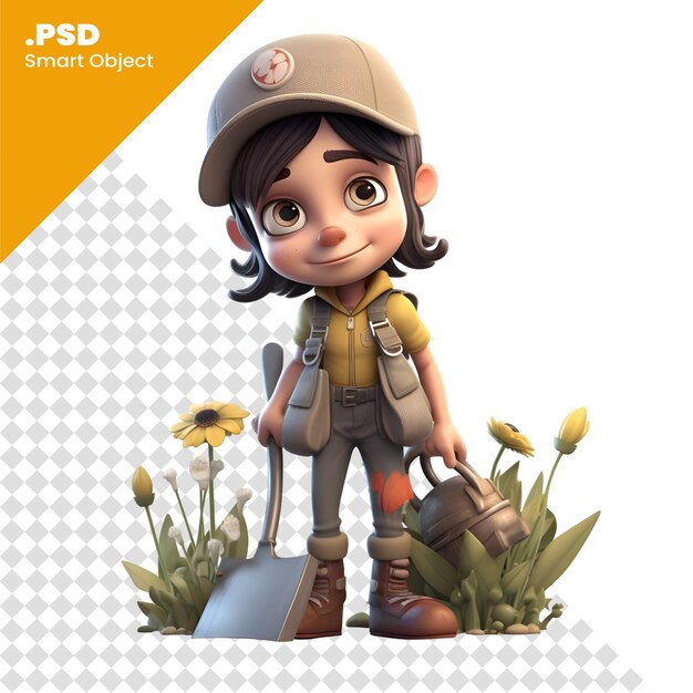 Renderización 3d de un niño pequeño con mochila y pala plantilla psd