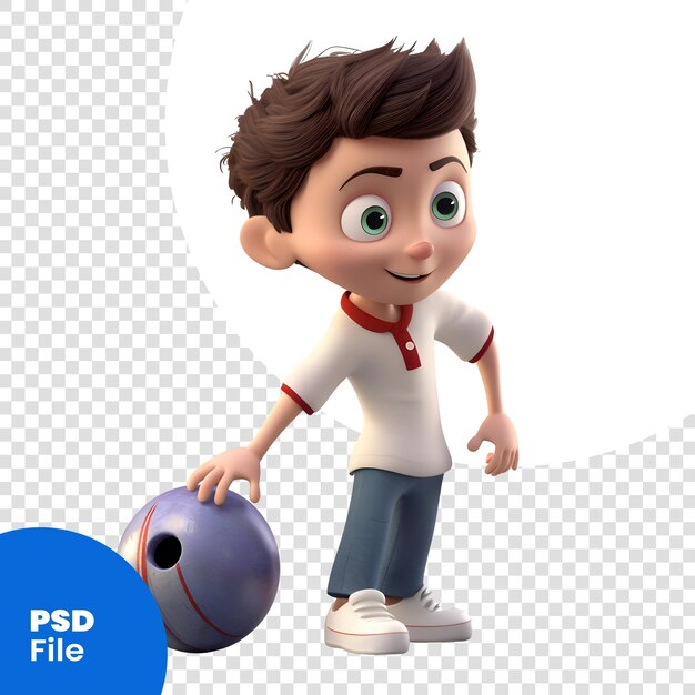 PSD renderización 3d de un niño pequeño con una pelota de boliche aislada en una plantilla psd de fondo blanco