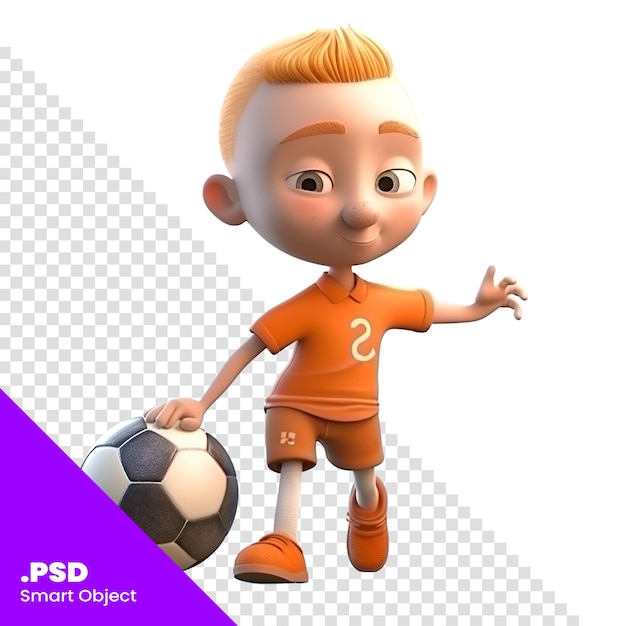 PSD renderización 3d de un niño pequeño con una pelota de fútbol aislada en una plantilla psd blanca