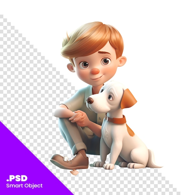 PSD renderización 3d de un niño pequeño con un perro en plantilla psd de fondo blanco