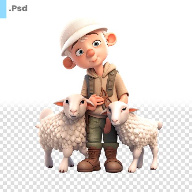 PSD renderización 3d de un niño pequeño en traje de safari con una plantilla de psd de ovejas