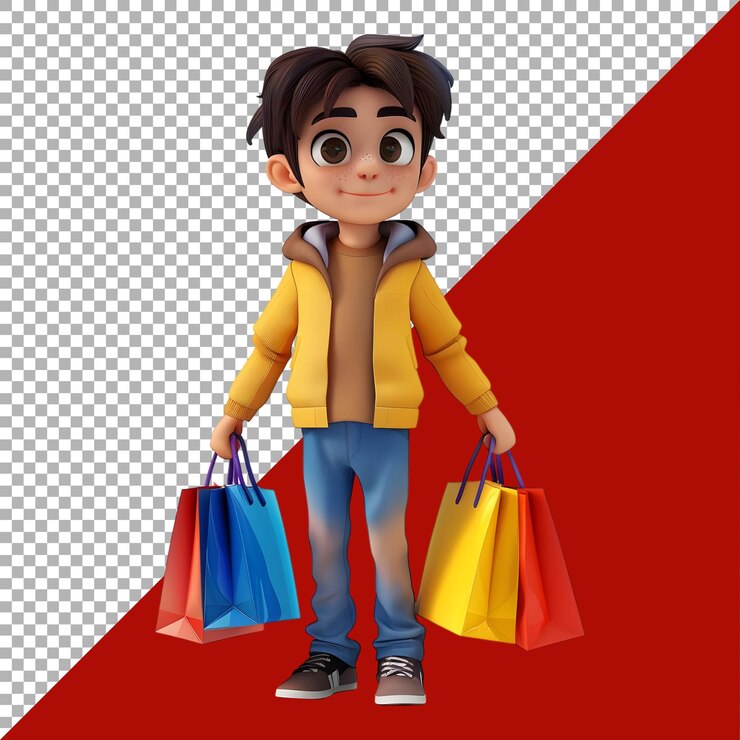 PSD renderización 3d de un niño de pie con bolsas de compras en un fondo transparente generado por ai