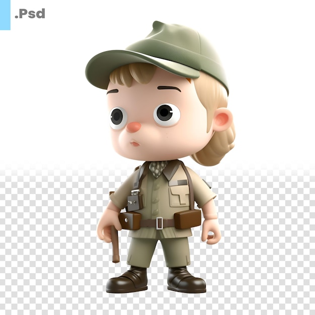 PSD renderización 3d de un niño en traje de safari aislado en una plantilla psd de fondo blanco