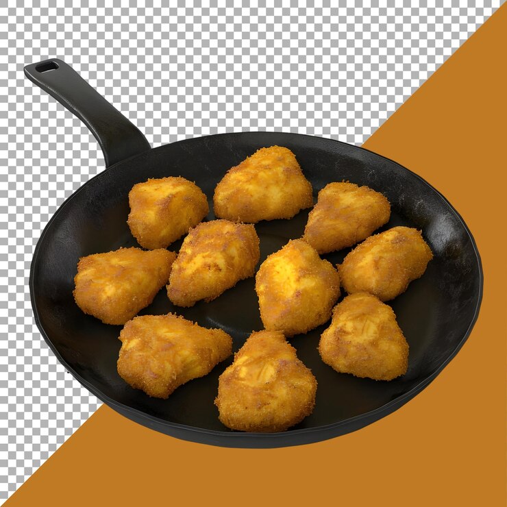 PSD renderización 3d de un nugget de pollo frito en una sartén sobre un fondo transparente generado por ai