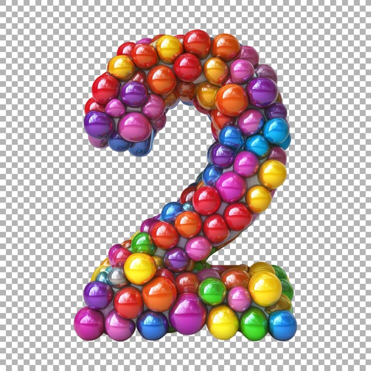 PSD renderización 3d de un número 2 del alfabeto hecho con globos de caramelos de arco iris en un fondo transparente
