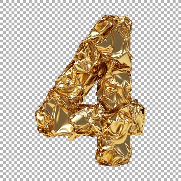 PSD renderización 3d de un número alfabético 4 hecho con papel dorado arrugado en fondo transparente