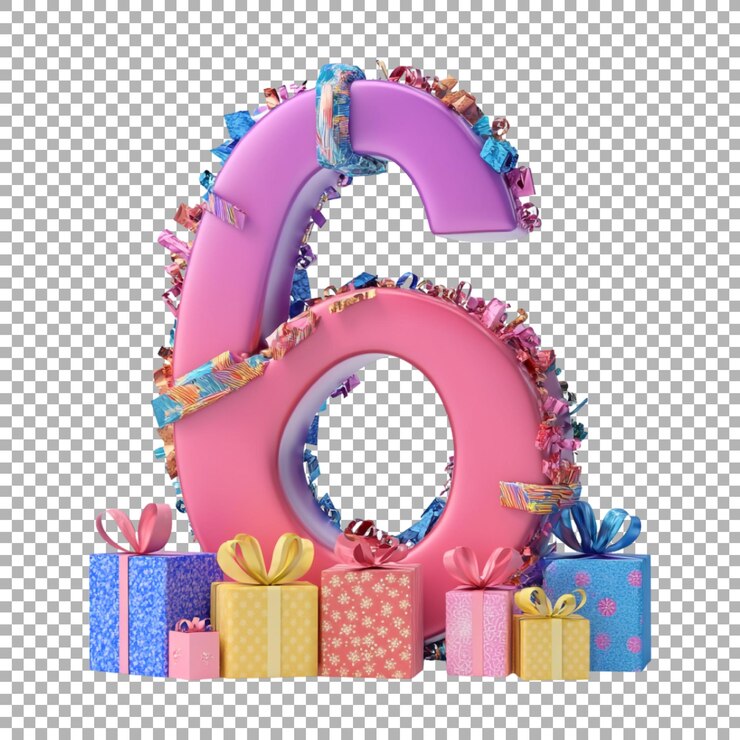 PSD renderización 3d de un número alfabético 6 hecho con cajas de regalos de concepto de cumpleaños en fondo transparente