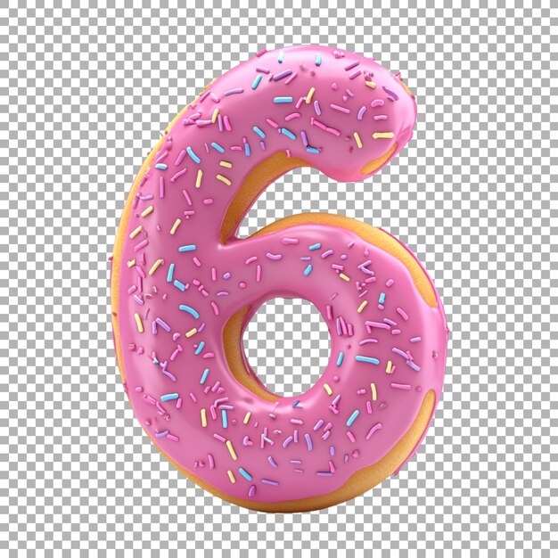 Renderización 3D de un número alfabético 6 hecho con Donut Cartoon en fondo transparente