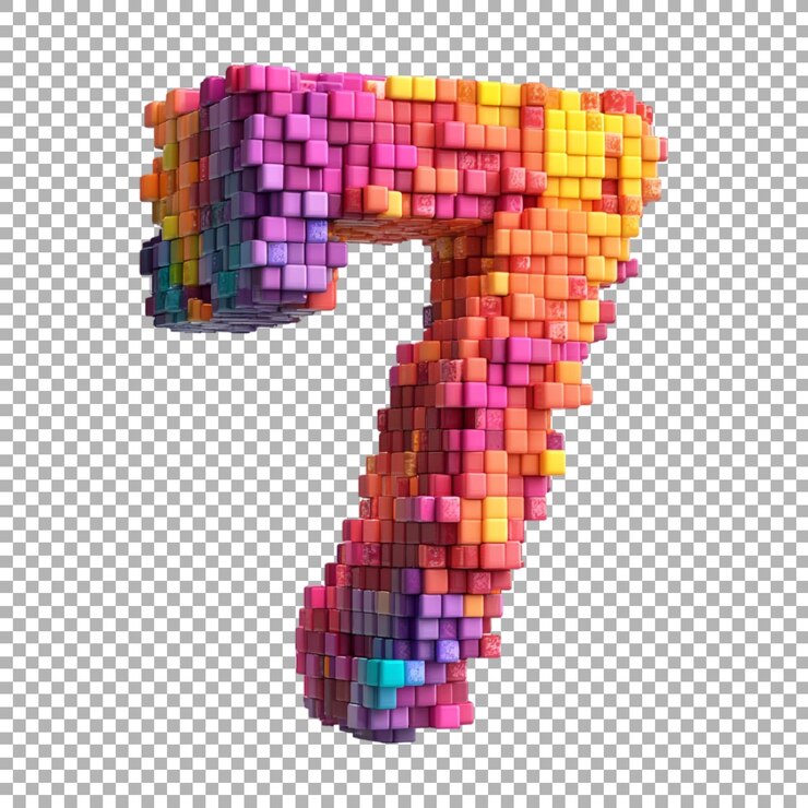 PSD renderización 3d de un número alfabético 7 hecho con fuente de píxeles en fondo transparente