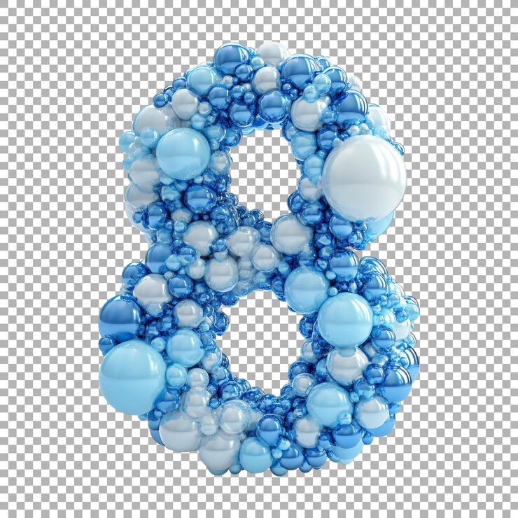 PSD renderización 3d de un número alfabético 8 hecho con burbuja azul en fondo transparente