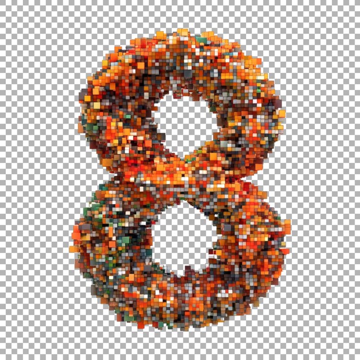 PSD renderización 3d de un número alfabético 8 hecho con fuente de píxeles en fondo transparente