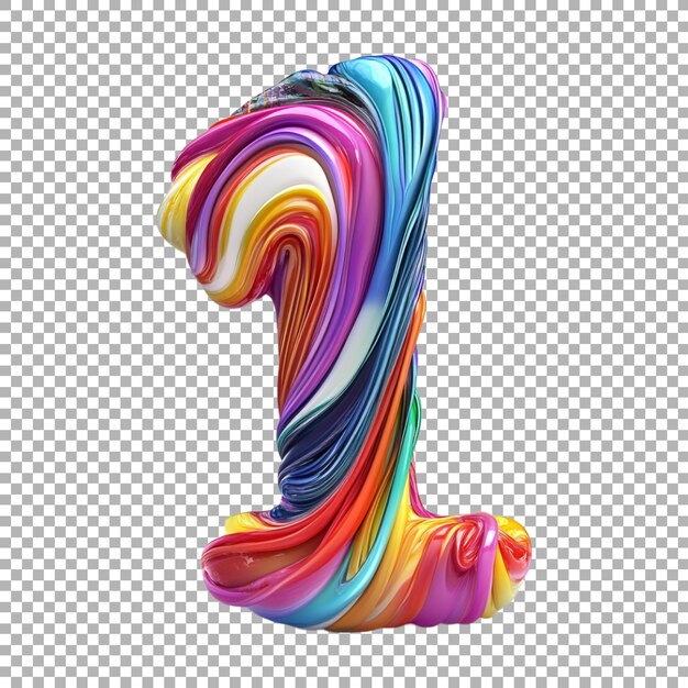 Renderización 3D de un número de alfabeto 1 hecho con colorido remolino abstracto en fondo transparente
