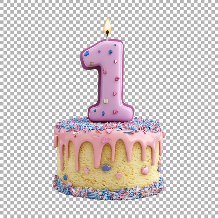 PSD renderización 3d de un número del alfabeto 1 hecho con pastel de cumpleaños con vela en un fondo transparente