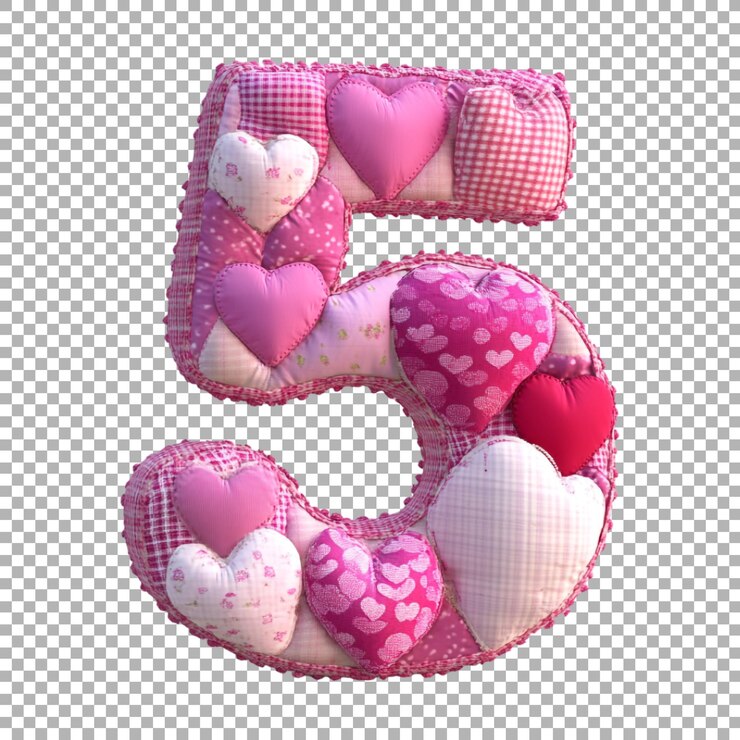 PSD renderización 3d de un número del alfabeto 5 hecho con heart patchwork en un fondo transparente
