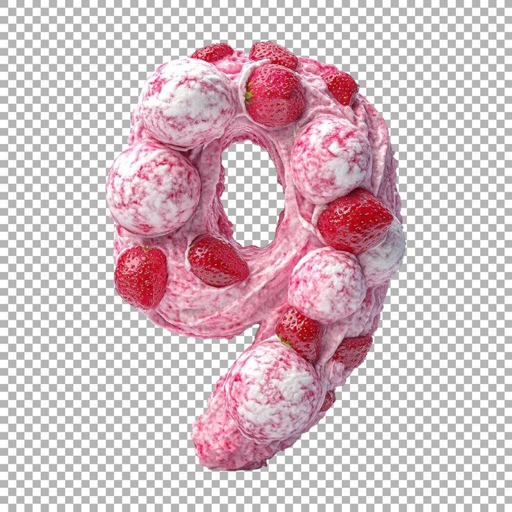 PSD renderización 3d de un número del alfabeto 9 hecho con helado de fresa en fondo transparente