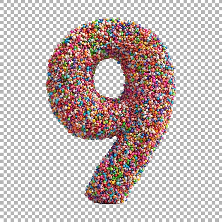 PSD renderización 3d de un número del alfabeto 9 hecho con salpicaduras coloridas en un fondo transparente