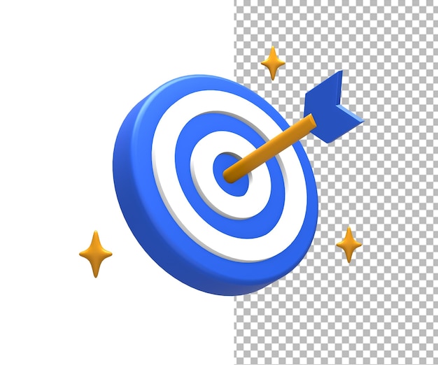 Renderización 3D del objetivo o meta de logro azul-amarillo con flecha en el frente para el diseño de UI UX