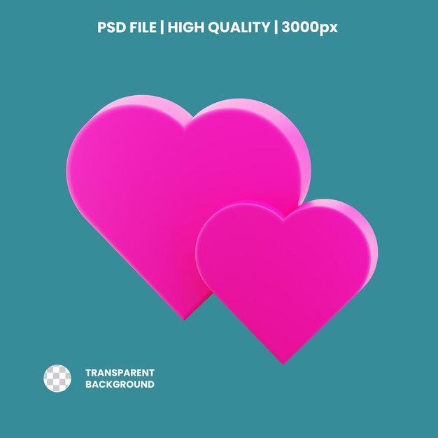 PSD renderización 3d del objeto del icono de dos corazones