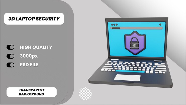 PSD renderización 3d del objeto del icono de seguridad de la computadora portátil