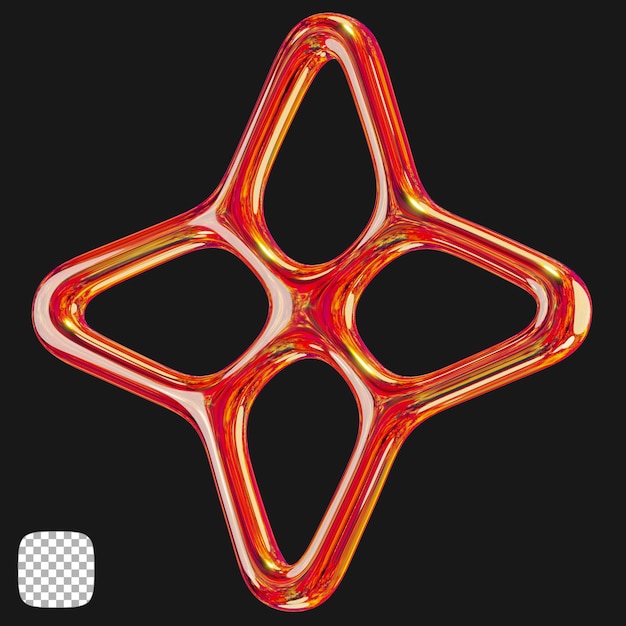 Renderización 3D de objetos metálicos Y2K en un fondo transparente