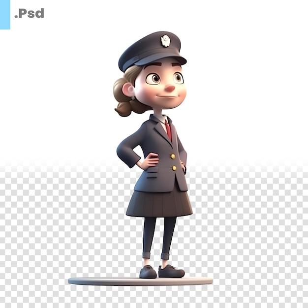 Renderización 3d de una oficial de policía con gorra en un fondo blanco plantilla psd