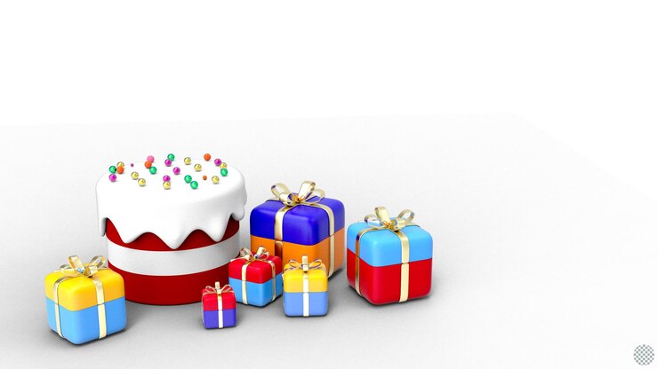 PSD renderización 3d de pastel de pastel para pastel de cumpleaños, caja de regalos, espacio de copia en color.