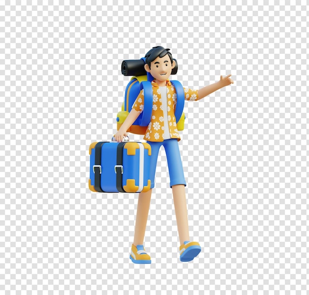 Renderización 3D de un personaje de dibujos animados haciendo autostop con una mochila y una maleta