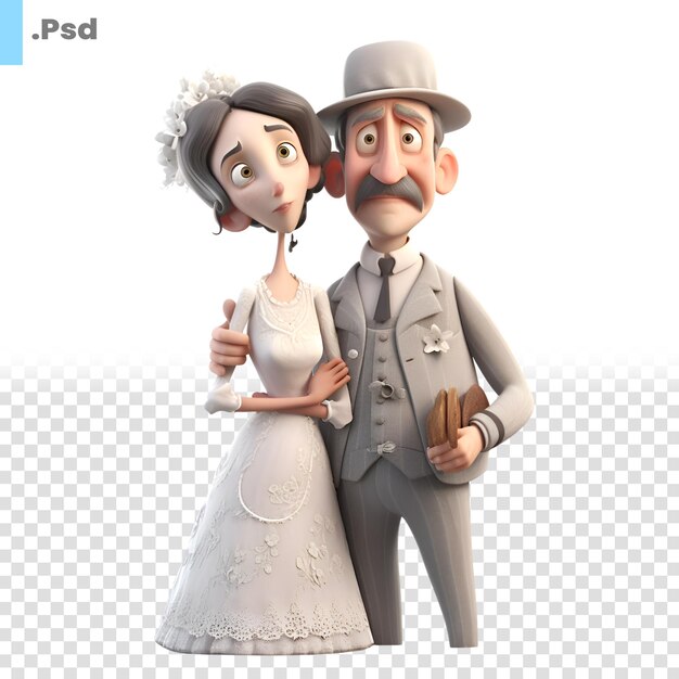 PSD renderización 3d de un personaje de dibujos animados con una plantilla psd de novia y novio