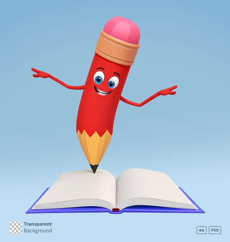 Renderización 3D de personaje de dibujos animados sonriente con lápiz rojo con libro