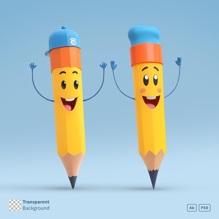 Renderización 3D de personajes de dibujos animados de lápiz sonrientes