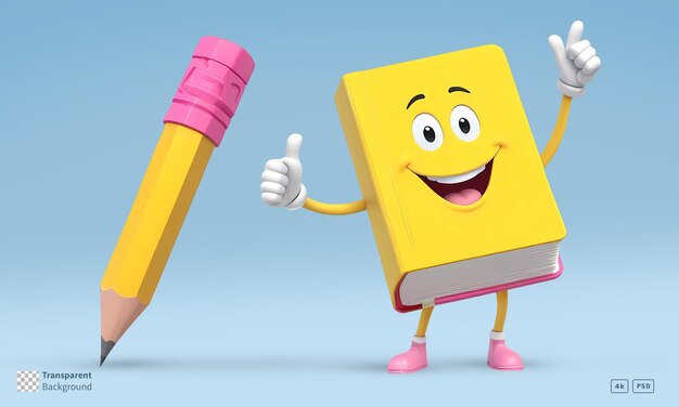 Renderización 3D de personajes de dibujos animados de libros sonrientes y lápiz