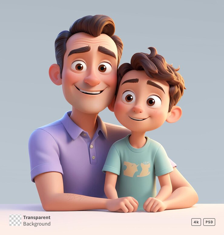 Renderización en 3D de personajes de dibujos animados de padre e hijo