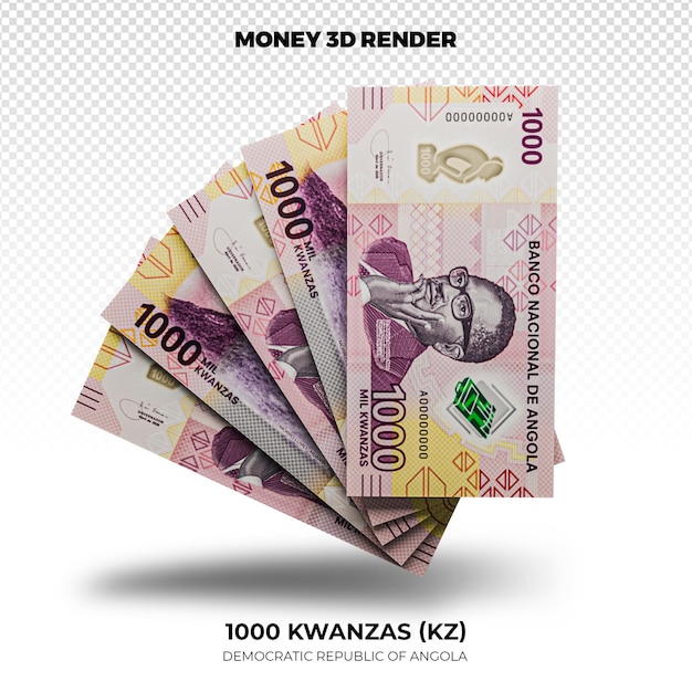 Renderización en 3D de las pilas de billetes de 1.000 Kwanzas de Angola