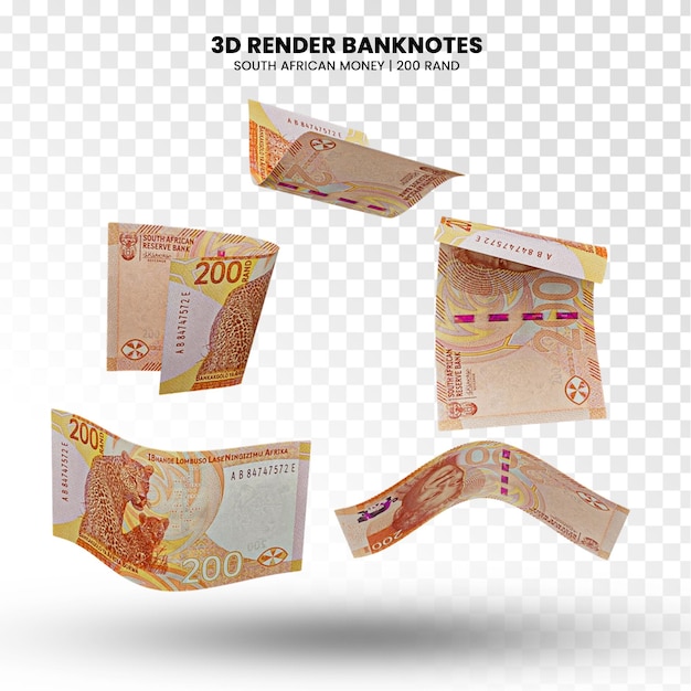 PSD renderización en 3d de las pilas de billetes de 200 rand de sudáfrica