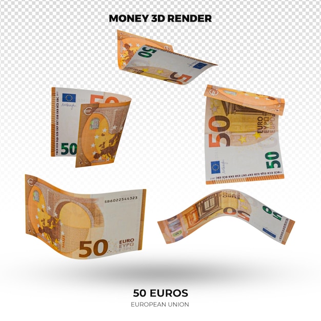 PSD renderización en 3d de las pilas de billetes de 50 euros de la unión europea