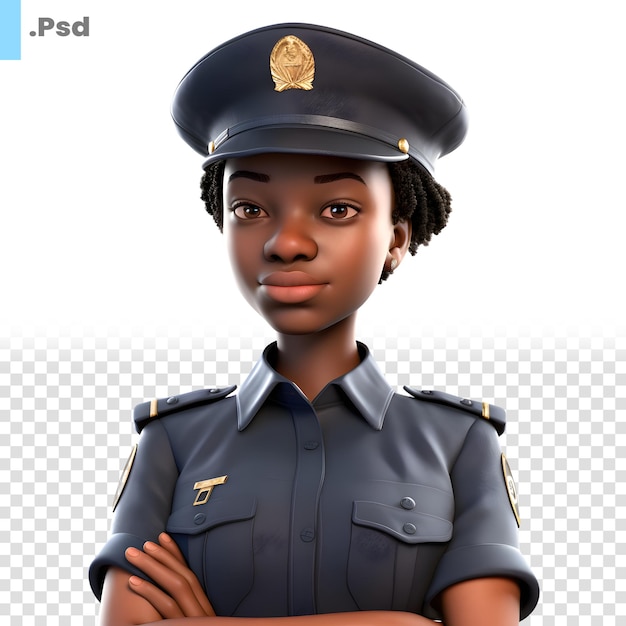 Renderización en 3d de una policía negra aislada en una plantilla de psd de fondo blanco