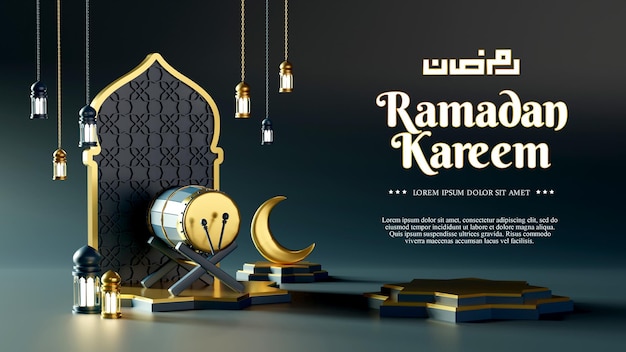 Renderización en 3D de Ramadán Kareem y Eid Mubarak de fondo con ornamento clásico