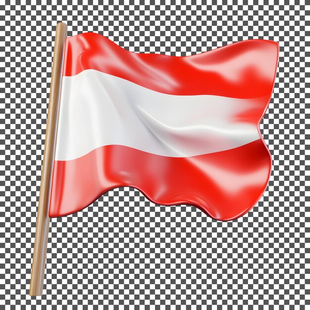 Renderización 3D realista de la bandera austriaca ondeando en un mástil aislado sobre un fondo transparente