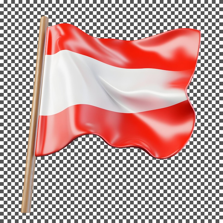 PSD renderización 3d realista de la bandera austriaca ondeando en un mástil aislado sobre un fondo transparente